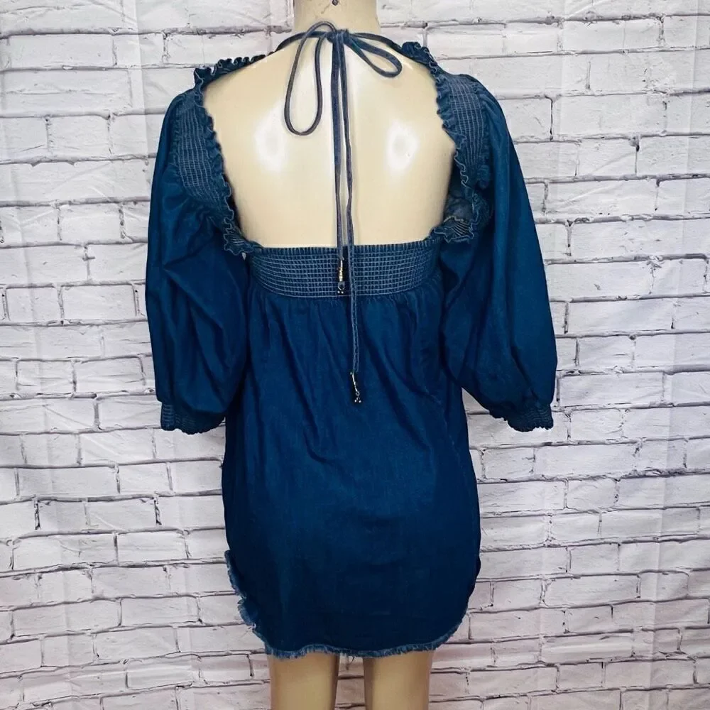 Free People Womens Dark Blue Smocked Balloon Sleeve Bodydoll Mini Dress Medium